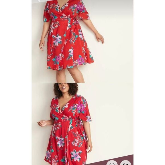 Old Navy Red‎ Floral Wrap Sundress 3X Dress Long Maxi Short Sleeve - Picture 1 of 7